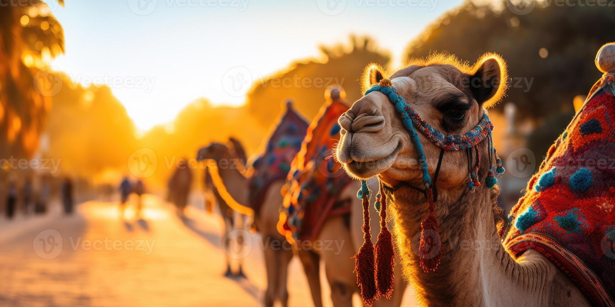 AI generated A caravan of camels rests in the desert against the backdrop of the red sea and high mountains. ai generated photo