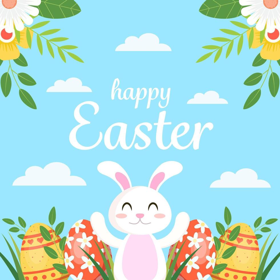 happy easter illustration in flat design style vector with a rabbit and eggs