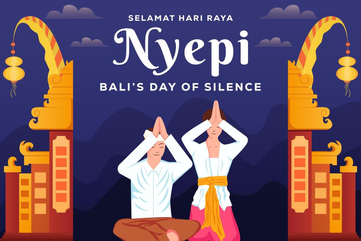 Nyepi Bali's day of silence background illustration with two people praying vector