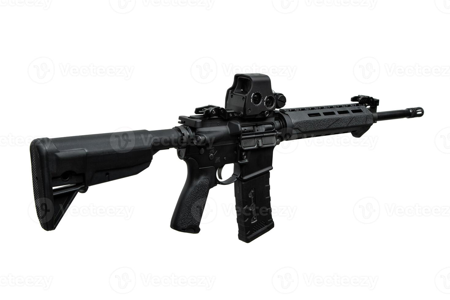 Modern automatic rifle isolated on white background. Weapons for police, special forces and the army. A carbine with red dot sight on a white back photo