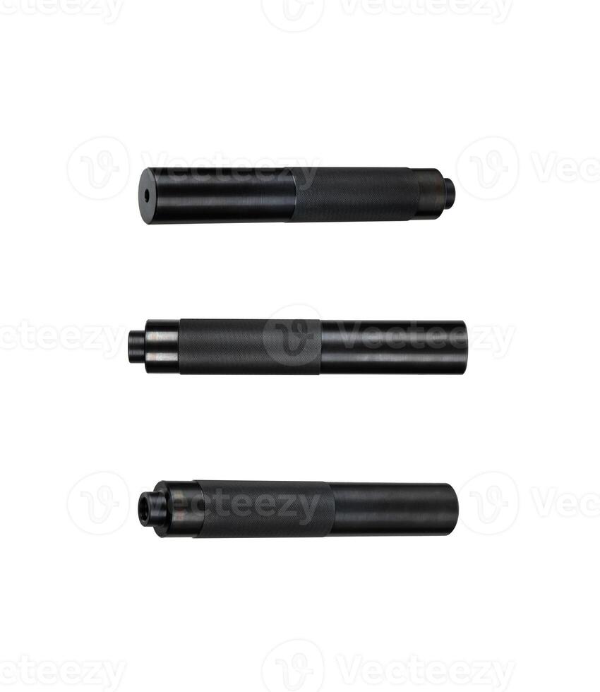 Black silencer for weapons. Suppressor that is at the end of an assault rifle. Isolate on a white back. photo