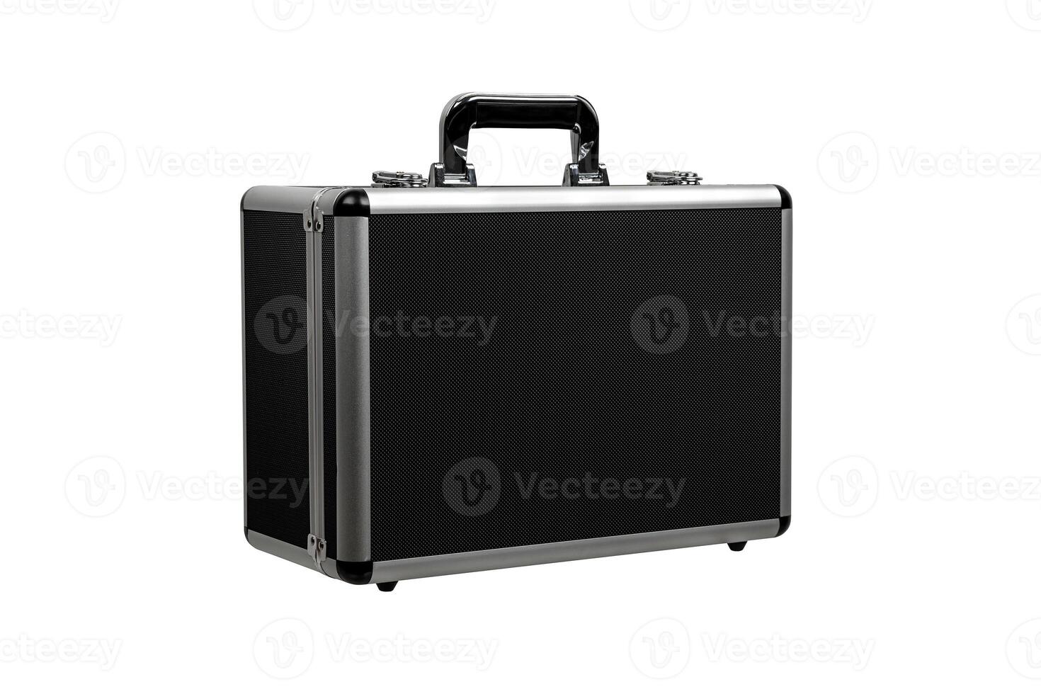 Black padded aluminum briefcase case with metal corners.  Case with foam inside. Isolate on a white back photo