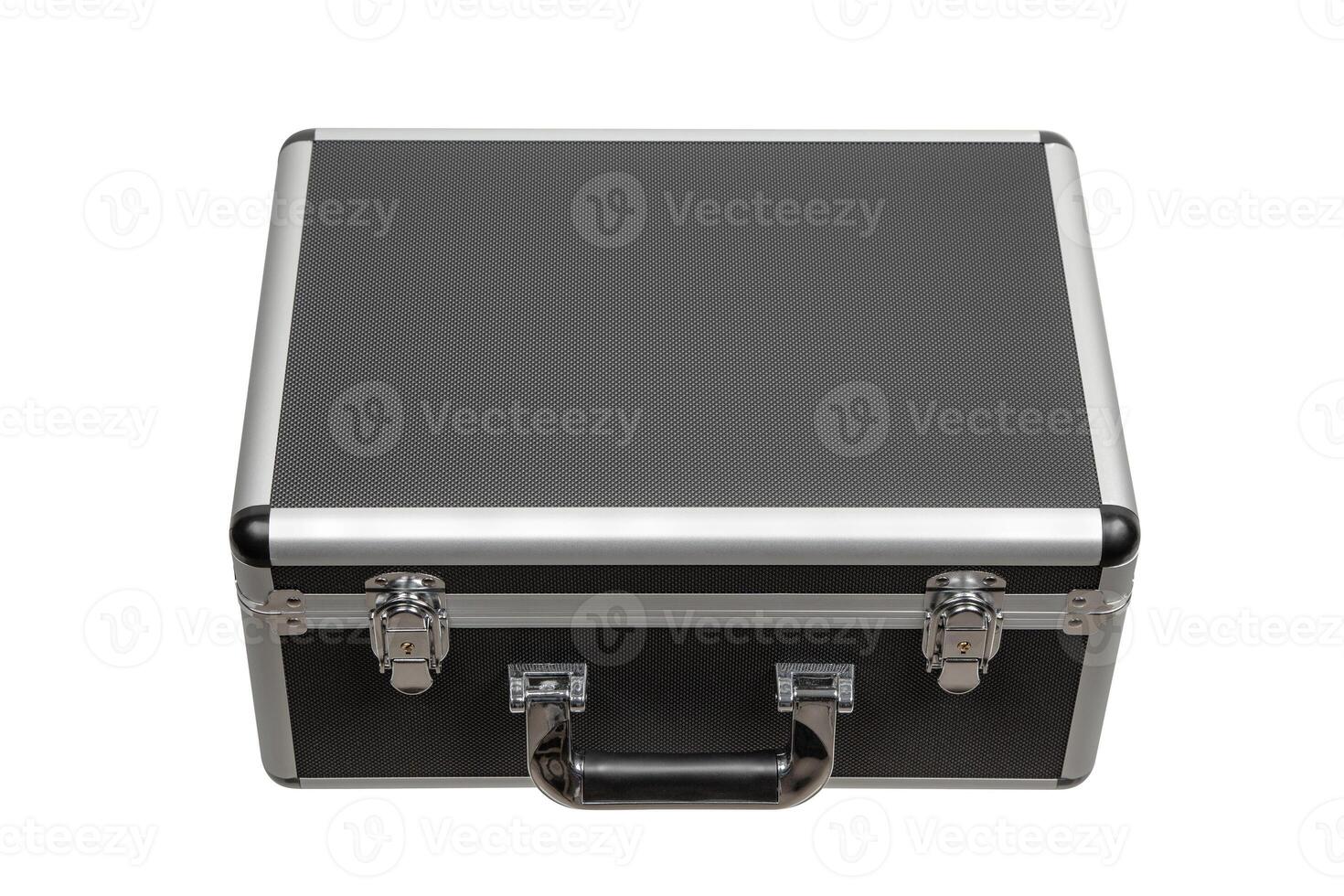 Black padded aluminum briefcase case with metal corners.  Case with foam inside. Isolate on a white back photo