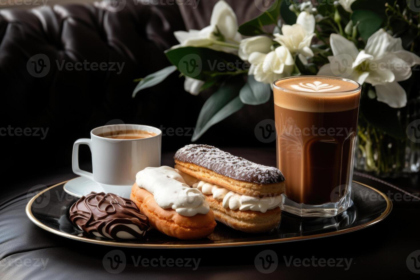 AI generated eclair and cappuccino coffee on coffee table. ai generated photo