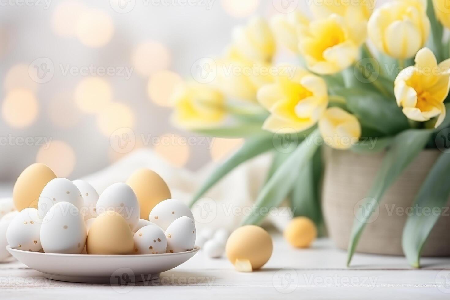 AI generated Easter spring table setting decoration, eggs in nest, fresh yellow tulips, ai generated photo