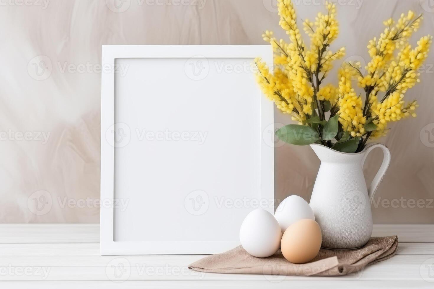 AI generated wooden frame on the table decorated for Easter. ai generated photo