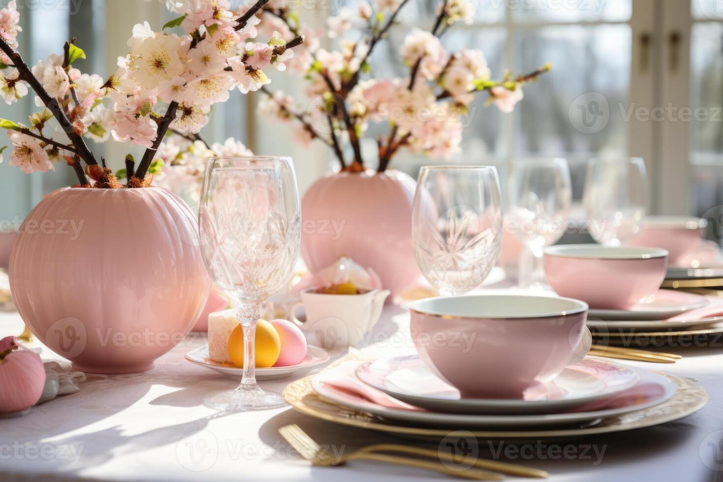 AI generated table setting with spring flowers for Easter celebration. ai generated photo