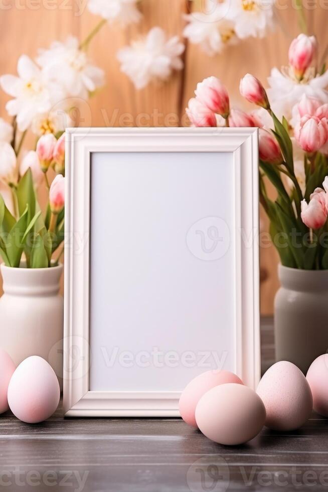 AI generated wooden frame on the table decorated for Easter. ai generated photo