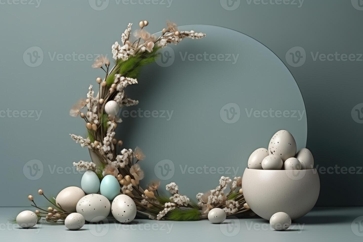 AI generated Podium, stand for product presentation and easter wreath with eggs. ai generated photo