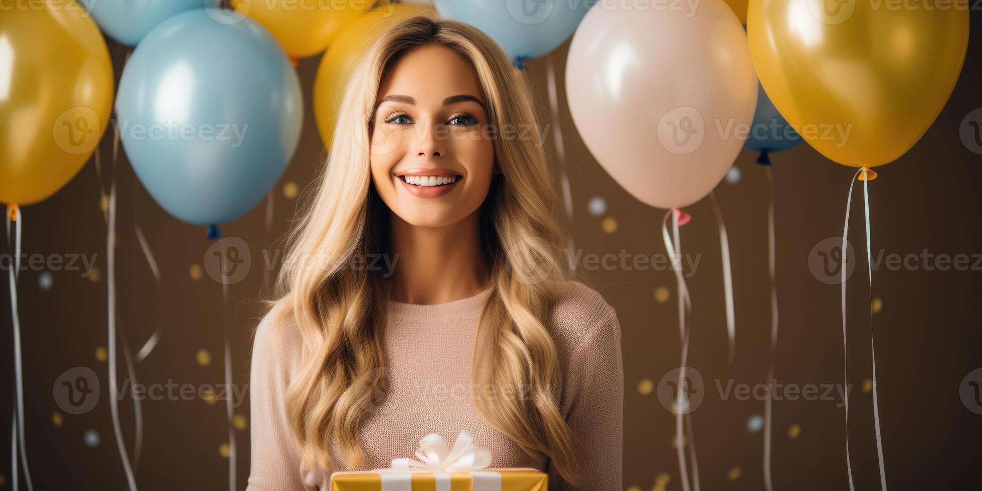 AI generated happy caucasian birthday man holding with gift box, balloons in the background. AI Generated photo