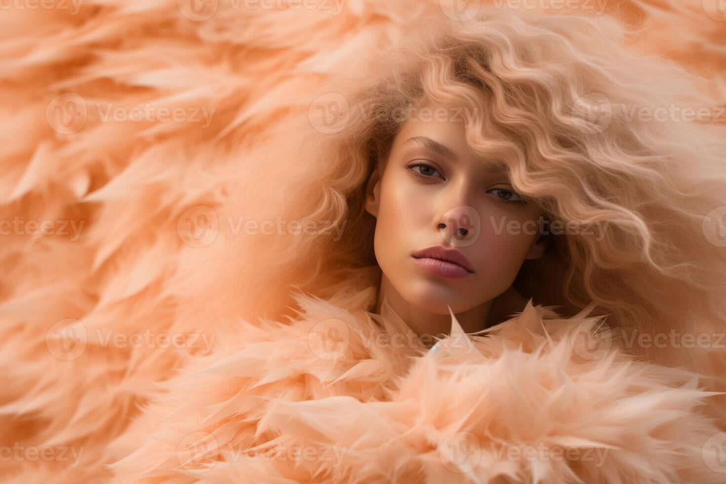 AI generated woman on abstract background, concept color of the year 2024 Peach Fuzz. AI Generated photo