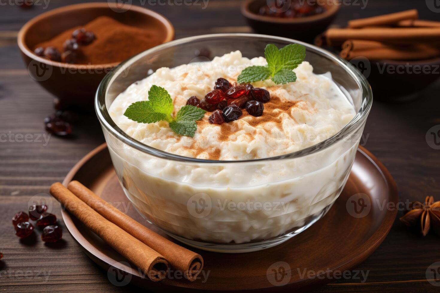AI generated delicious rice pudding with cinnamon sticks. ai generated photo