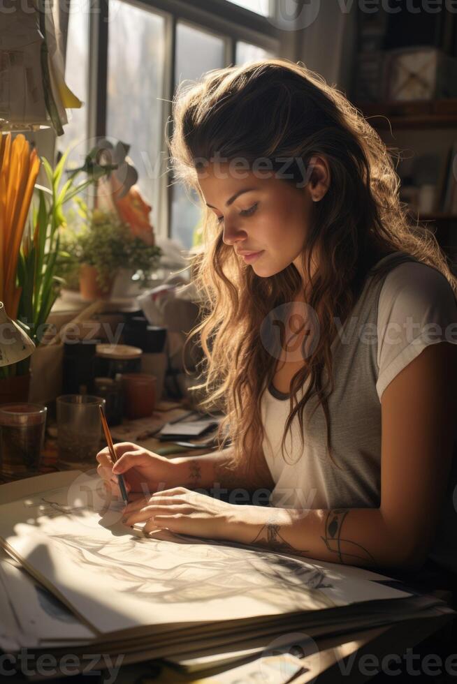 AI generated artist illustrator working in her workspace, ai generated photo