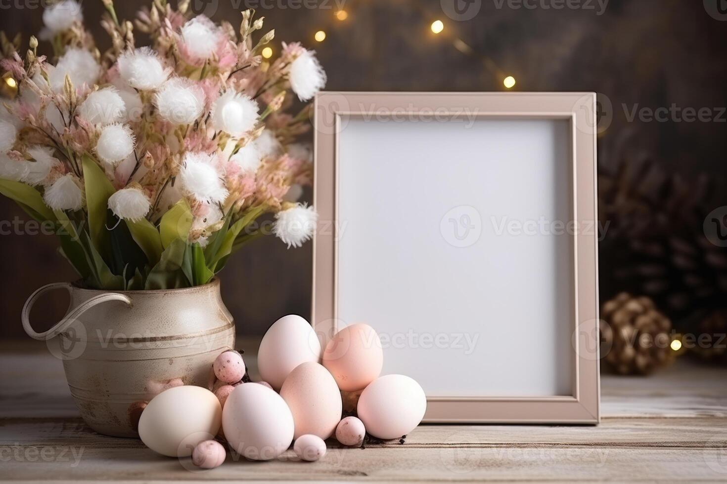 AI generated wooden frame on the table decorated for Easter. ai generated photo