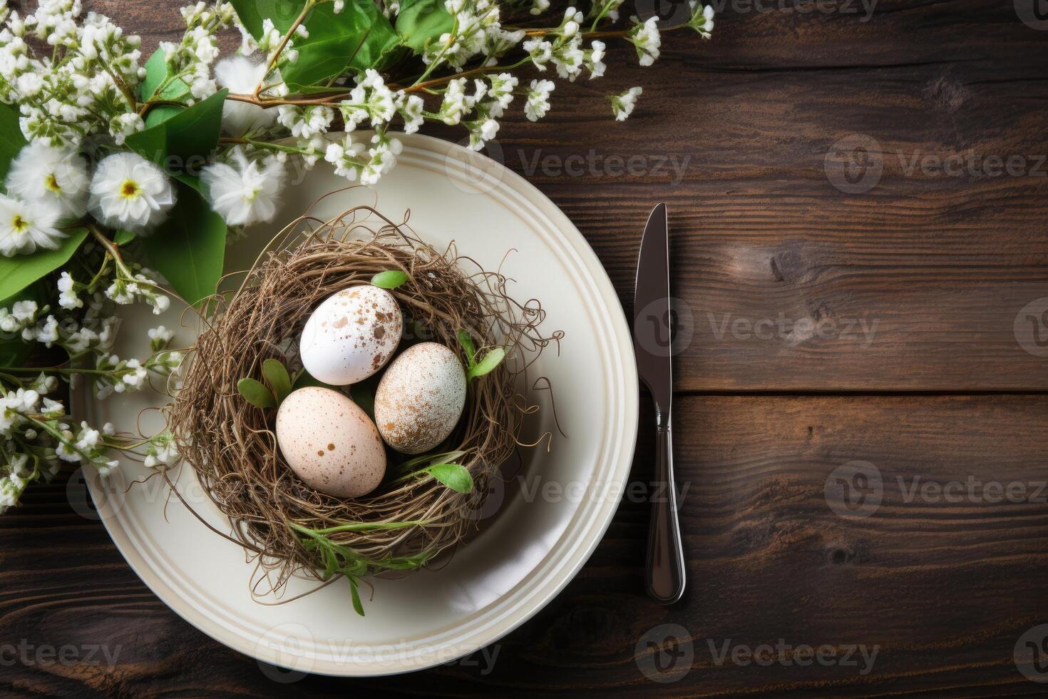 AI generated table setting with spring flowers for Easter celebration. ai generated photo