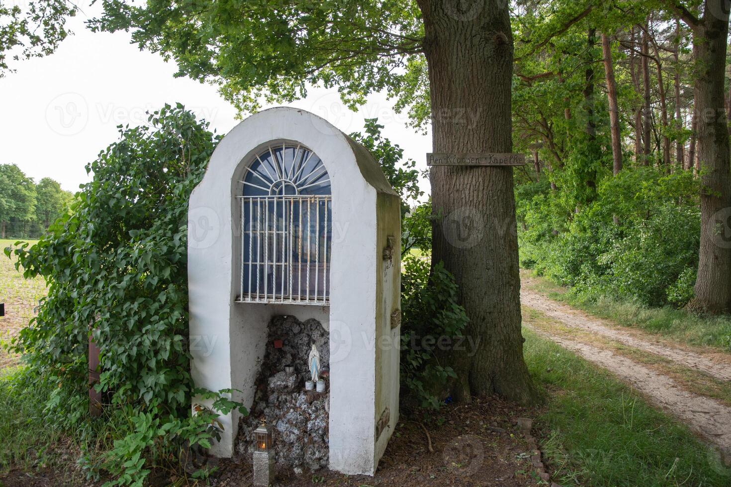 a chapel for prayers in the middle of the forest a figurine of St. Mary photo