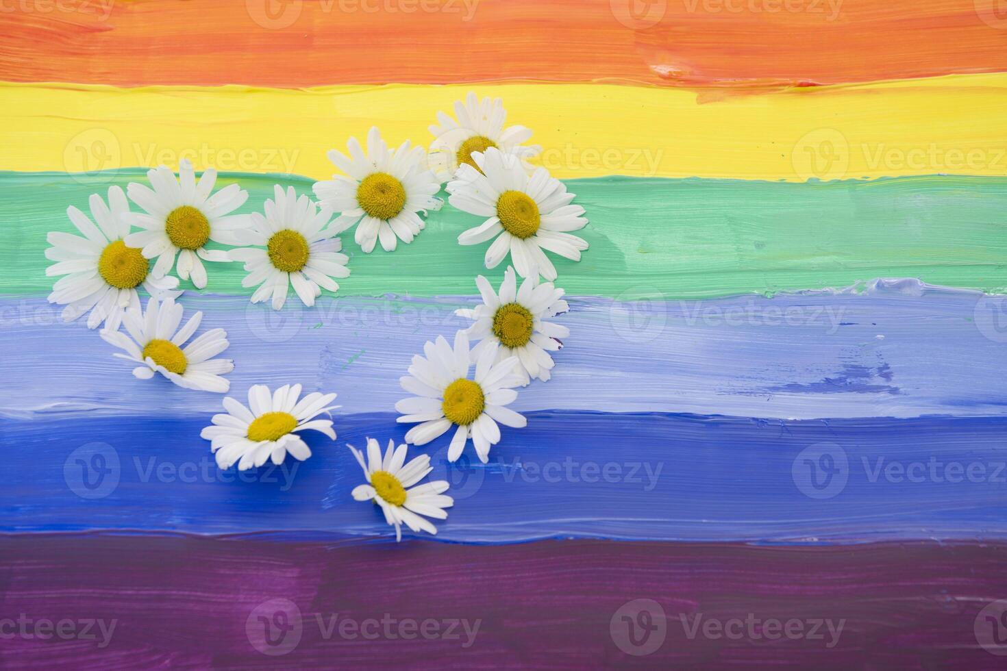 A heart of daisies flowers lies on the flag in the colors of the rainbow, photo