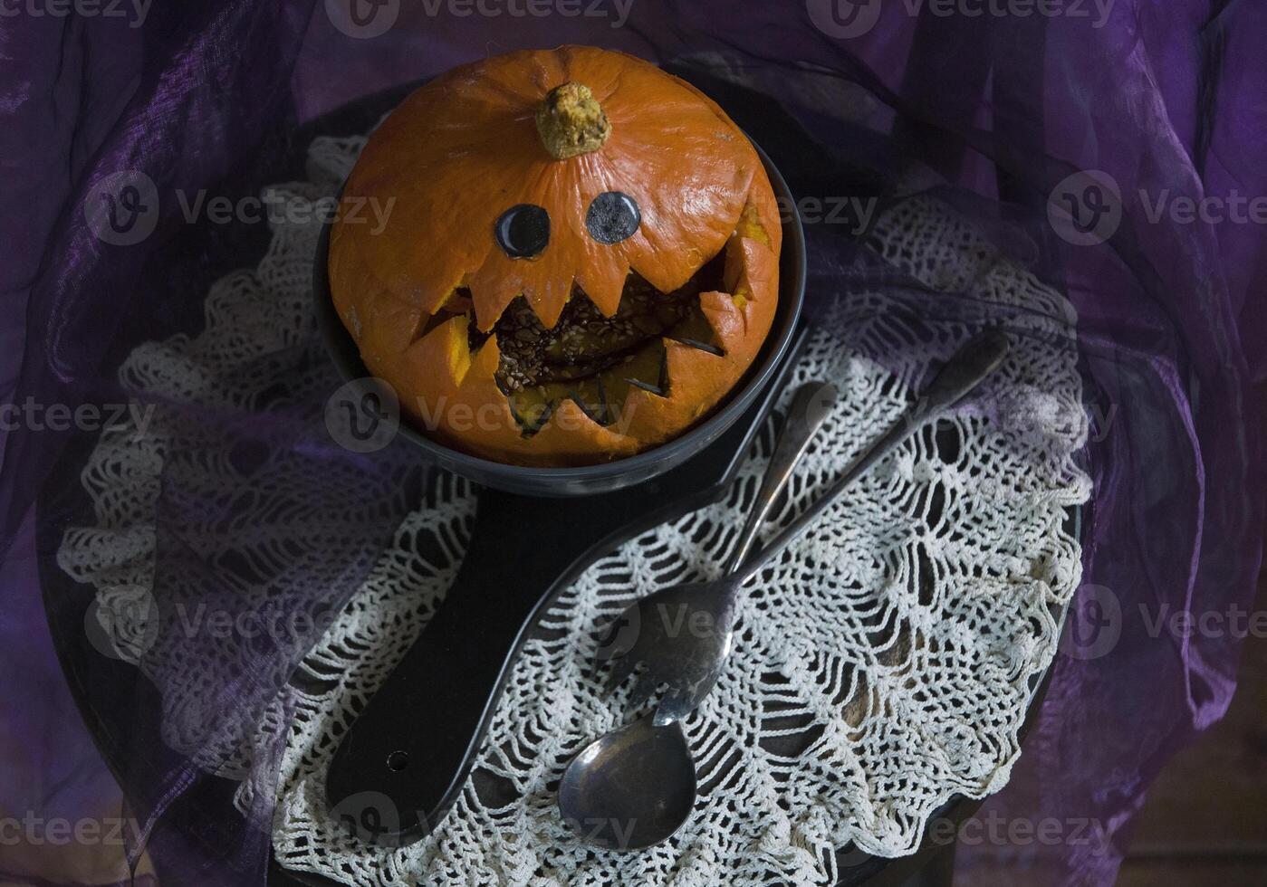 Halloween Pumpkin head, pumpkin with teeth and eyes, selective focus, photo