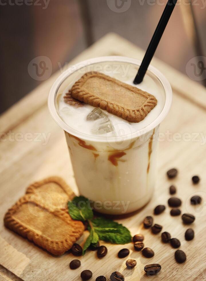 Delicious and refreshing coffee based beverage, ice coffee, cold drink, coffee beans photo