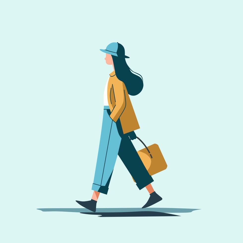 mujer caminando con un bolso y sombrero vector ilustración