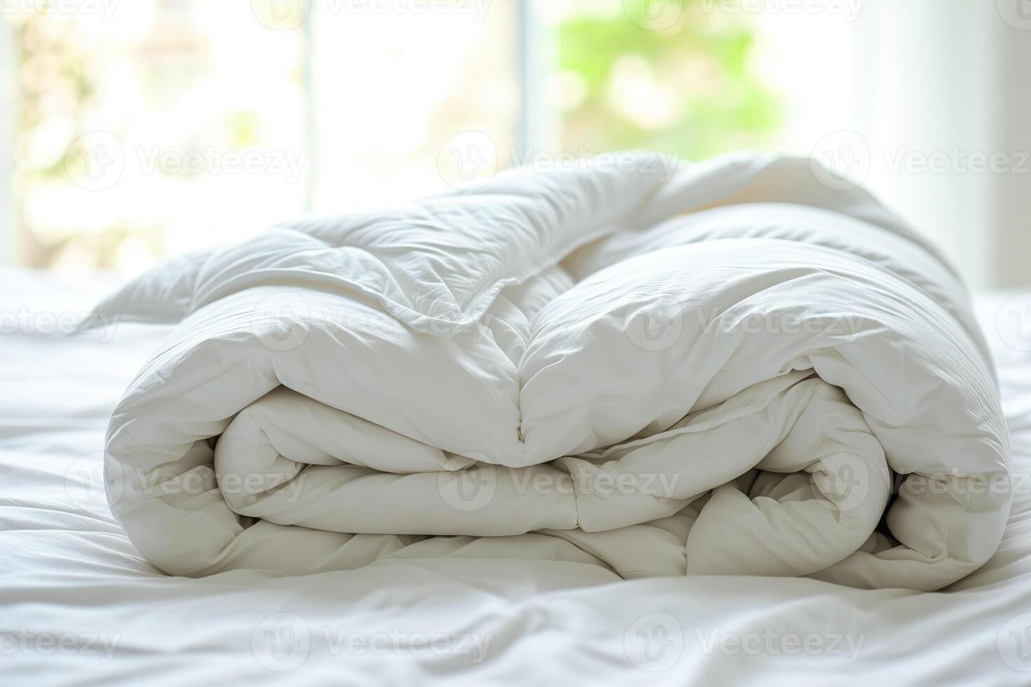 AI generated White folded duvet lying on white bed background photo