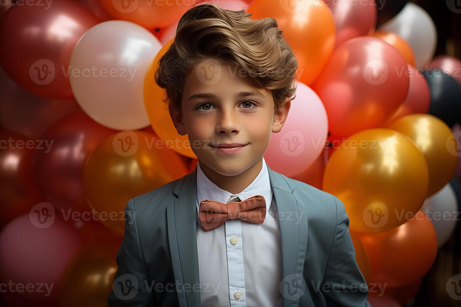 ai generado retrato de un linda pequeño chico en un traje y arco Corbata posando en un antecedentes de vistoso globos foto