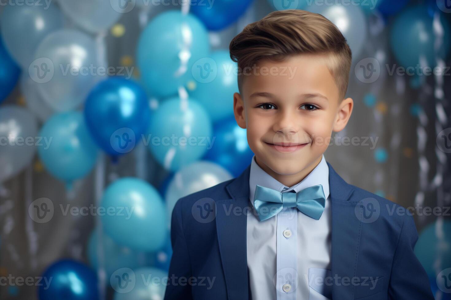 AI generated Portrait of a cute little boy in a suit and bow tie posing on a background of colorful balloons photo