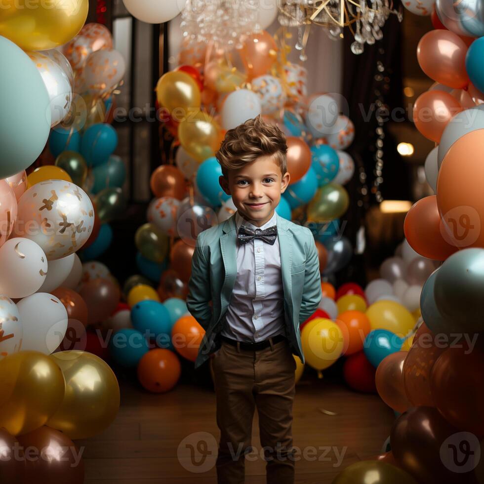 ai generado retrato de un linda pequeño chico en un traje y arco Corbata posando en un antecedentes de vistoso globos foto