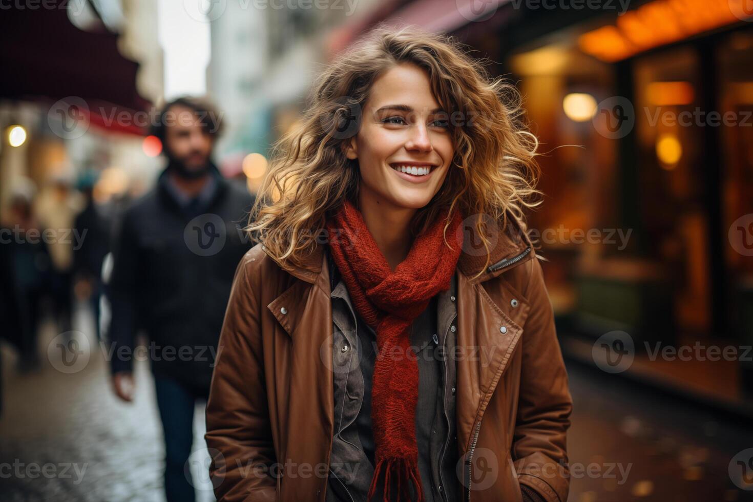 AI generated portrait of a woman walking around the city, bokeh background photo