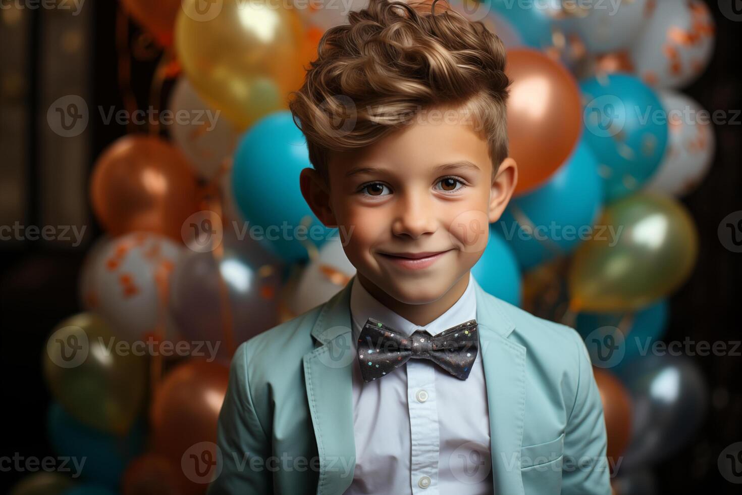 ai generado retrato de un linda pequeño chico en un traje y arco Corbata posando en un antecedentes de vistoso globos foto