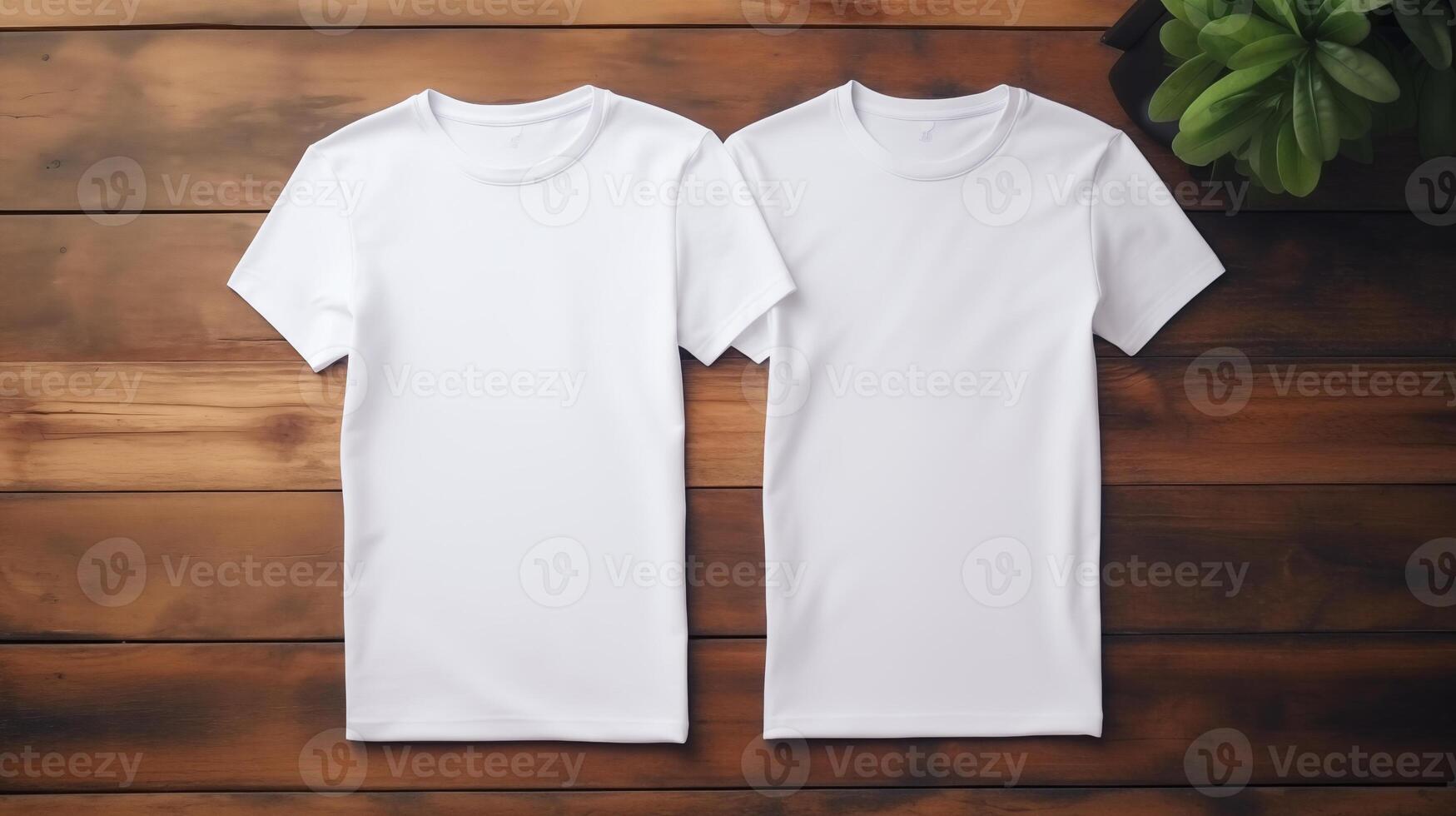 ai generado dos blanco camisetas en el mesa, parte superior vista, ropa Tienda publicidad foto