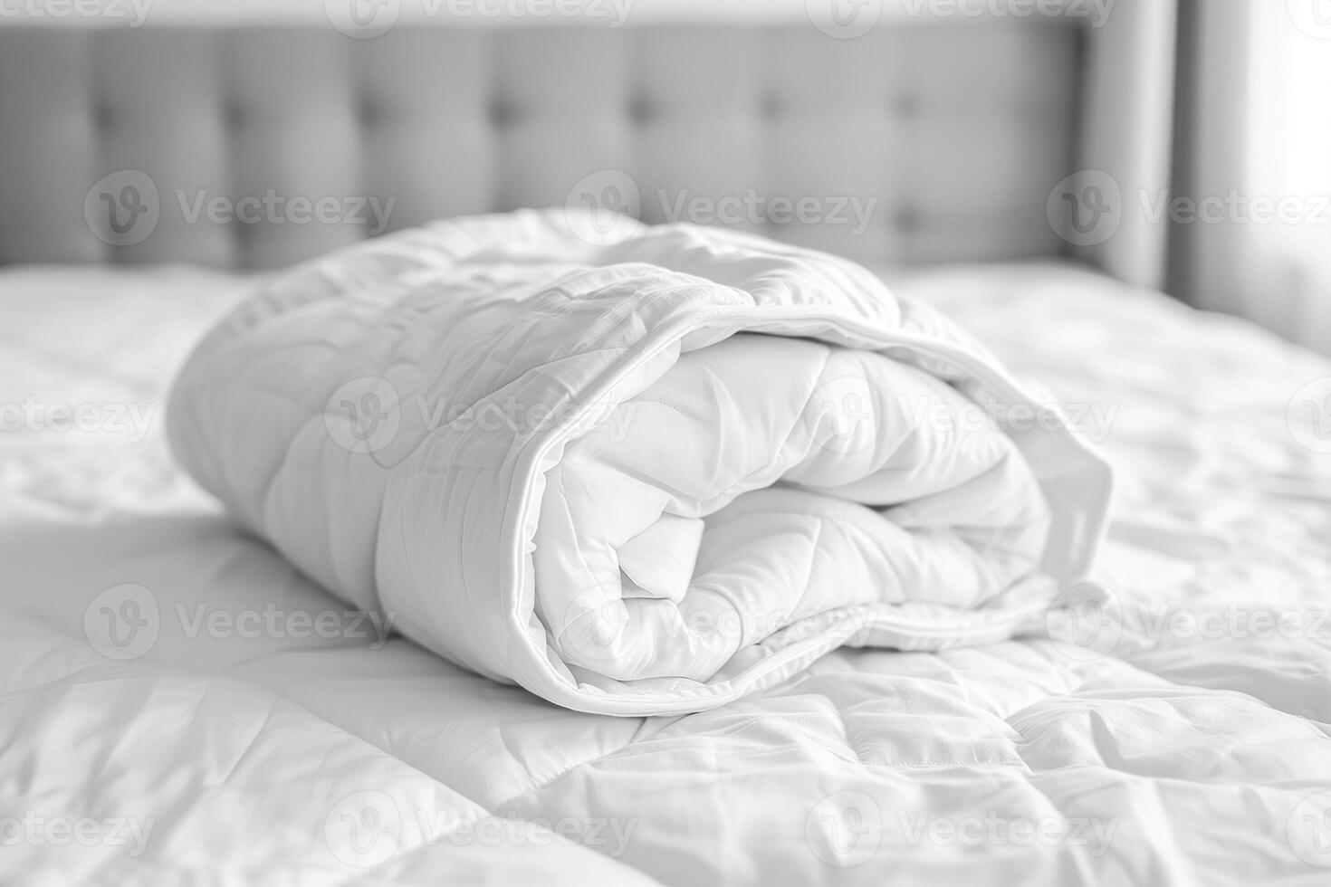 AI generated White folded duvet lying on white bed background photo