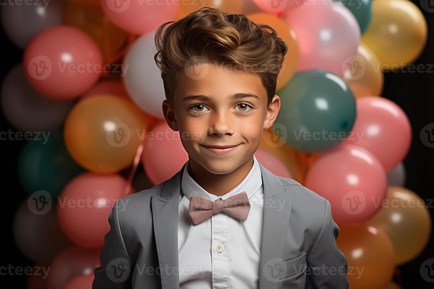 AI generated Portrait of a cute little boy in a suit and bow tie posing on a background of colorful balloons photo