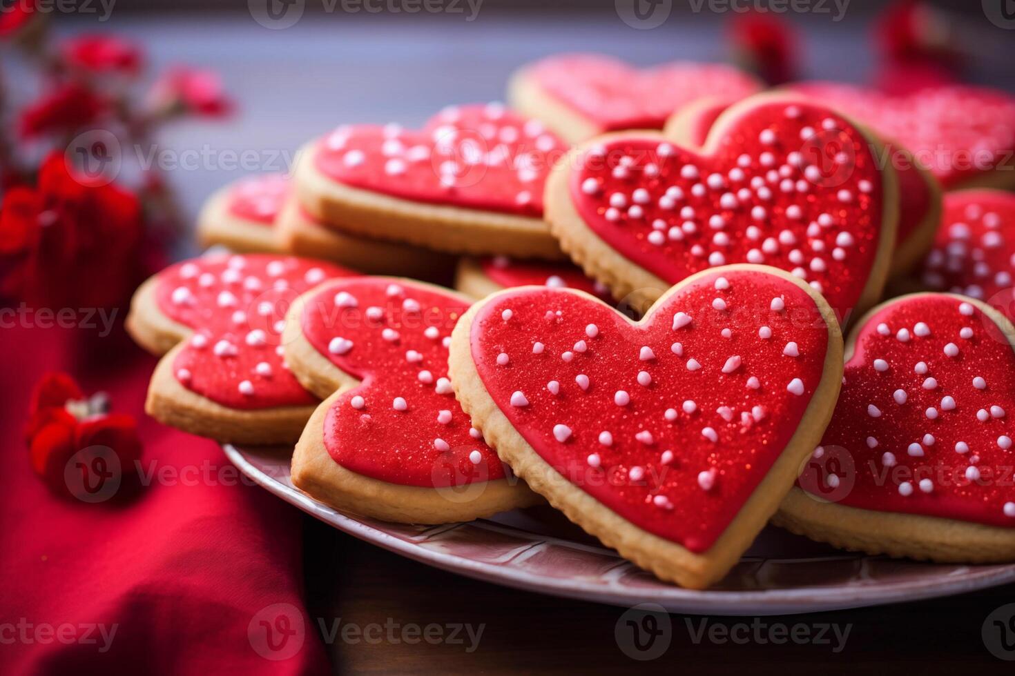 AI generated Red Heart Shaped Valentine's Day Sugar Cookies photo