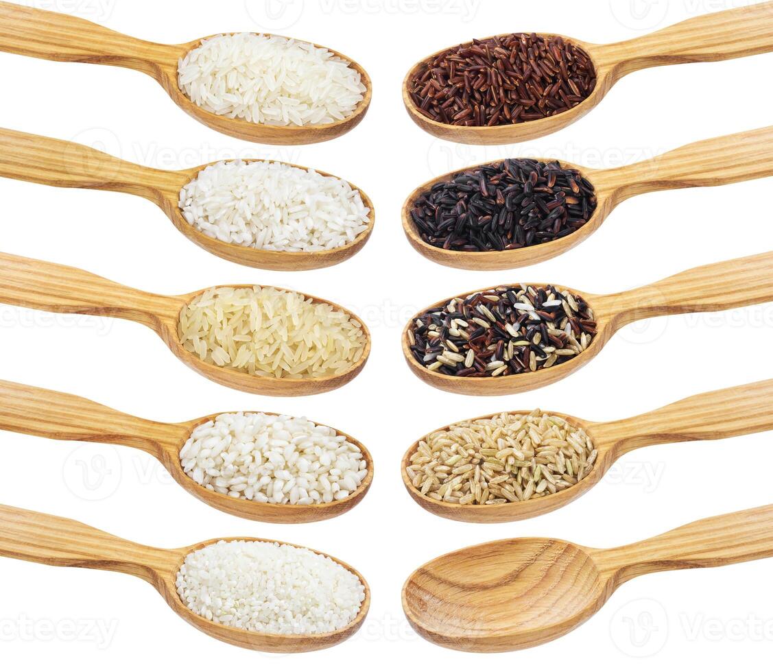 Rice in wooden spoons isolated on white background photo