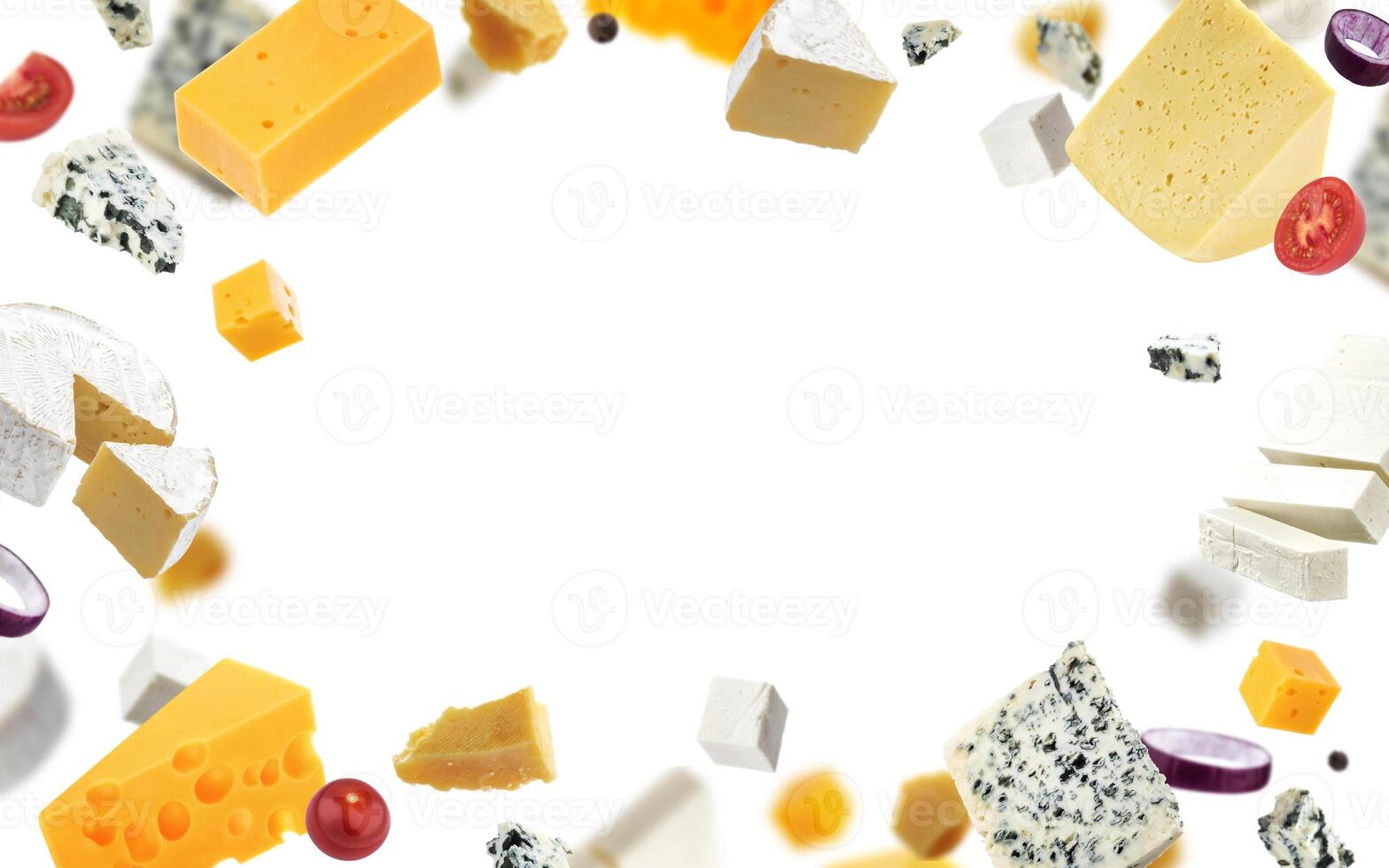 Cheese frame isolated on white background, different types of cheese photo