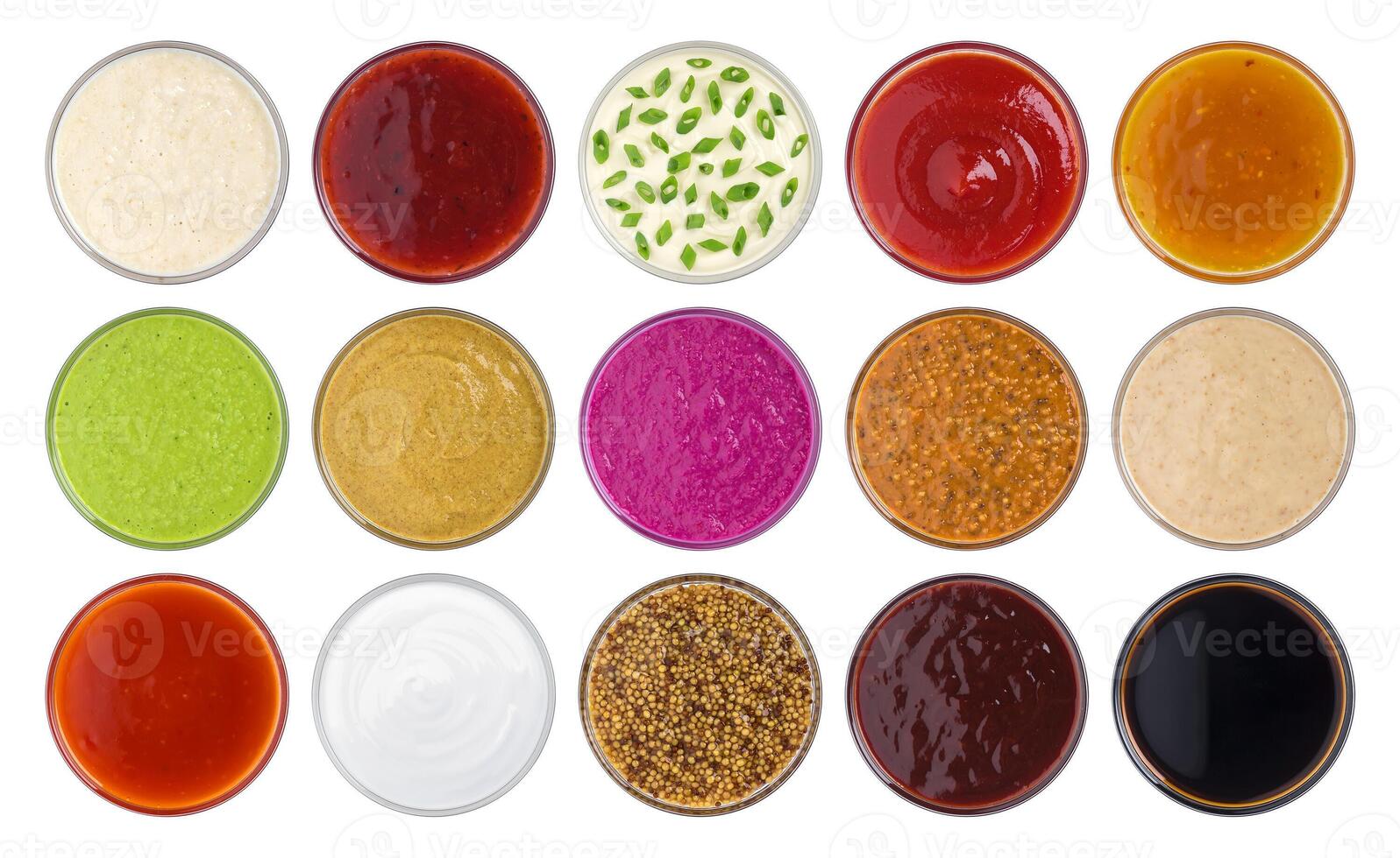 Set of different sauces isolated on white background, top view photo