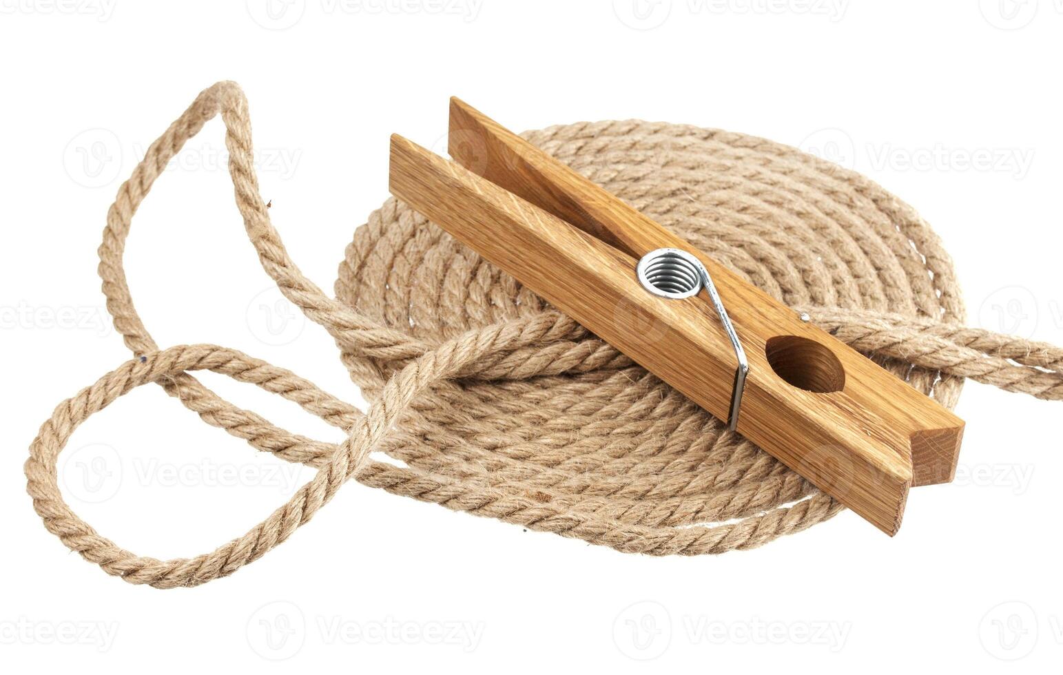 Clothespin and rope isolated on white background, with clipping path photo