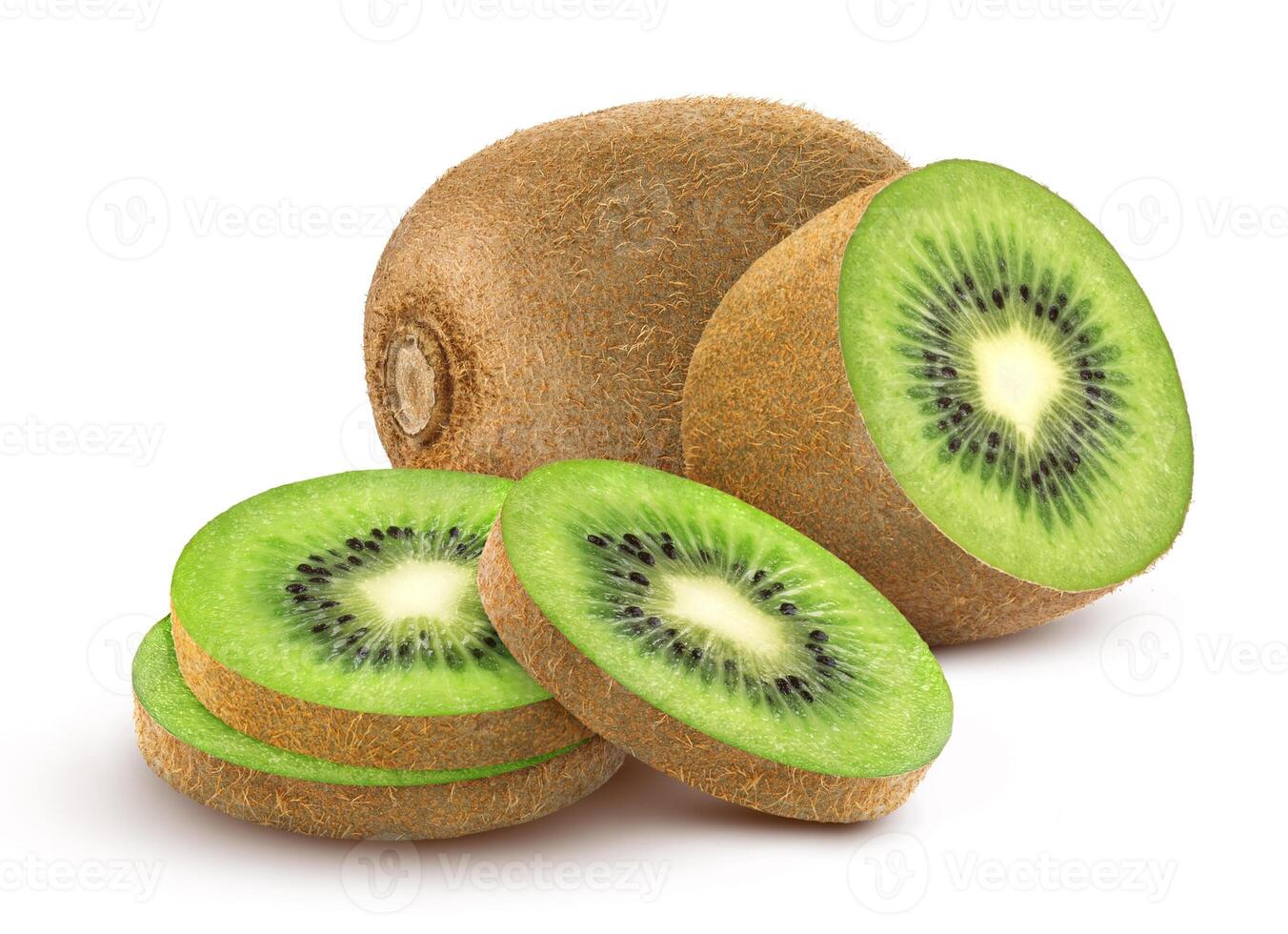 Isolated kiwi fruit. Collection of whole and cut kiwi isolated on white background photo