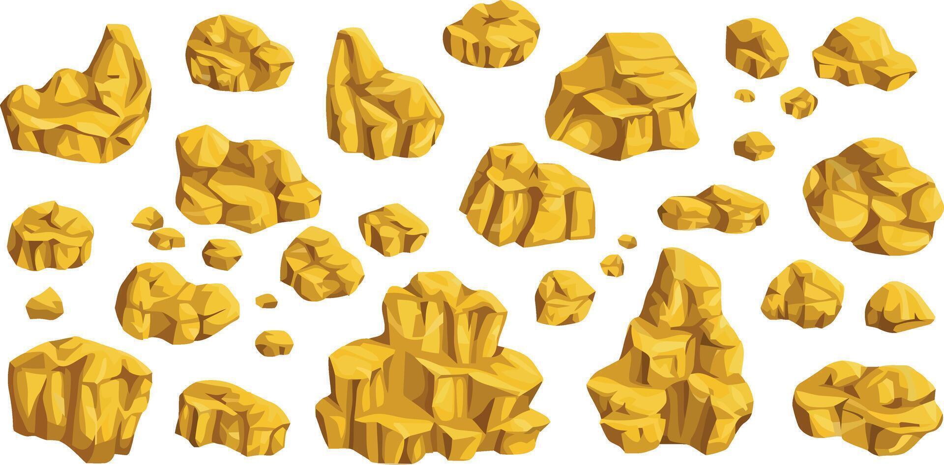 Golden nuggets. Cartoon gold mine boulders and stones. Yellow metal ore precious elements. Miners wealth. Geological material. Shiny treasure. Goldmine prill. Vector isolated rocks set