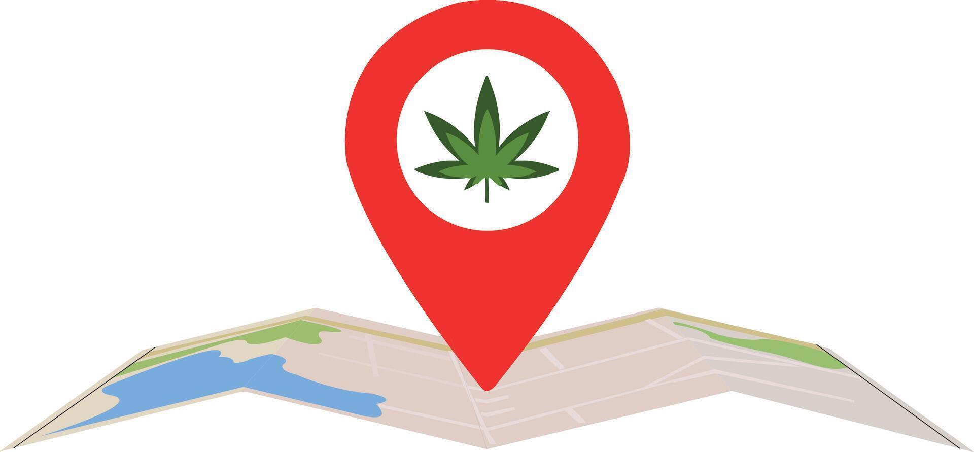 ubicación marcador en el ciudad mapa con canabis marijuana hoja símbolo vector ilustración