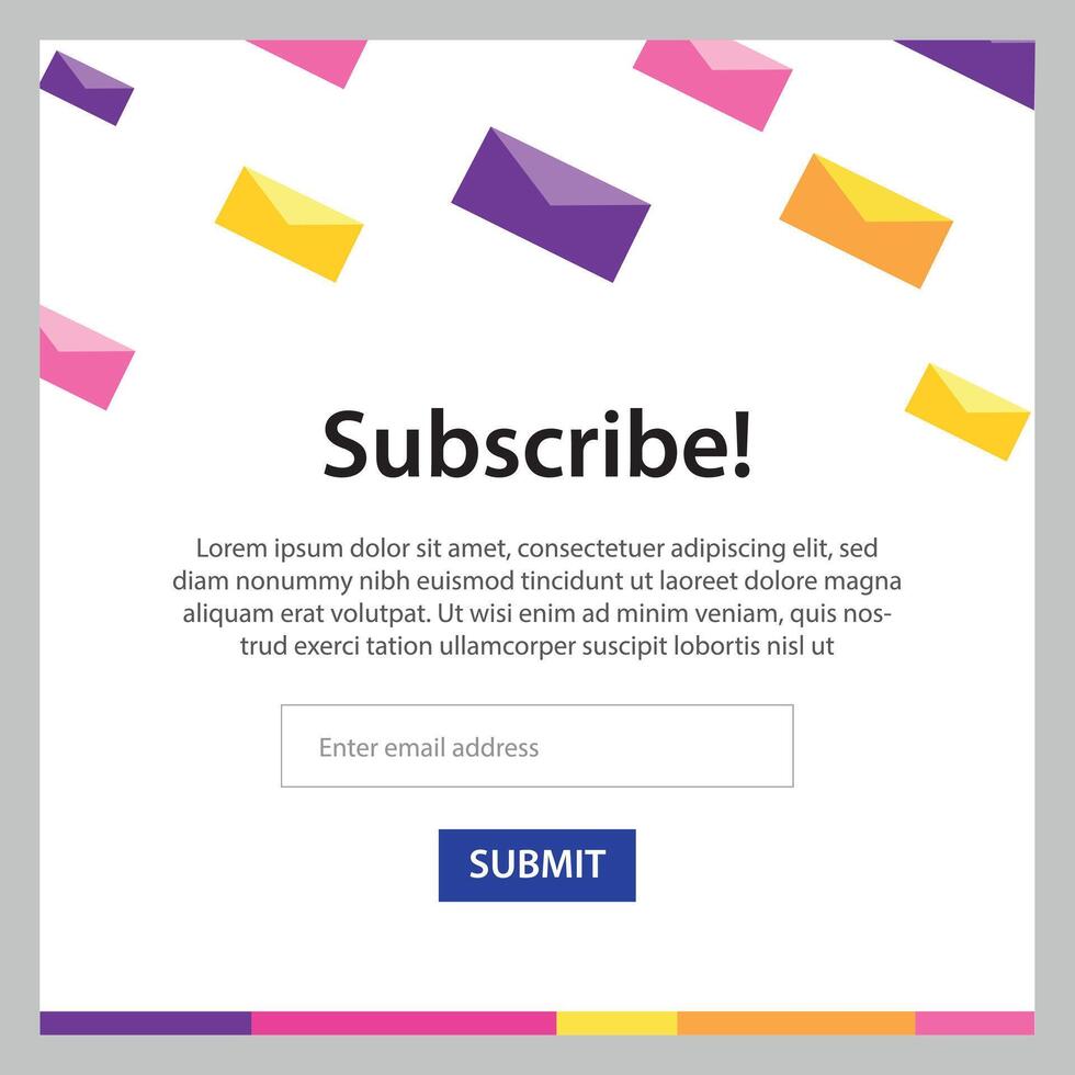 Subscribe to our newsletter web banner template. Email subscribe, online newsletter, submit button. Envelope and subscribe button. UI UX design. Vector illustration.