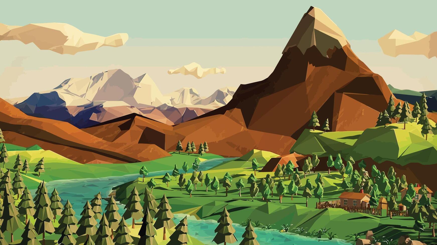 Mountain forests with autumn pines, forest clearing with grassy patches and dreamy cloud cover, beautiful vast untouched spring landscape vector
