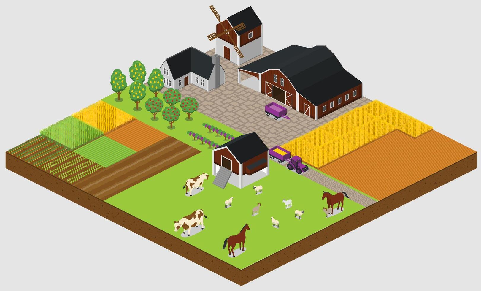 isométrica agrícola granja edificios, molino granero y silo cobertizos heno jardín camas y tractor. vacas cerdos, oveja en un granja vector