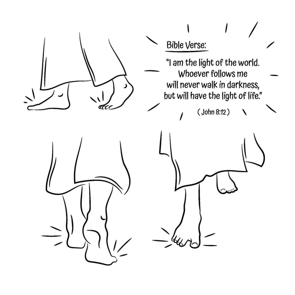 A set of simple line illustrations of Jesus foot walking close up vector