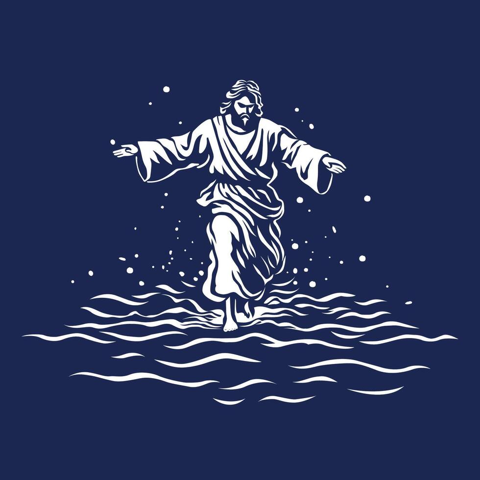 Jesús Cristo caminando en el agua en oscuro azul antecedentes vector