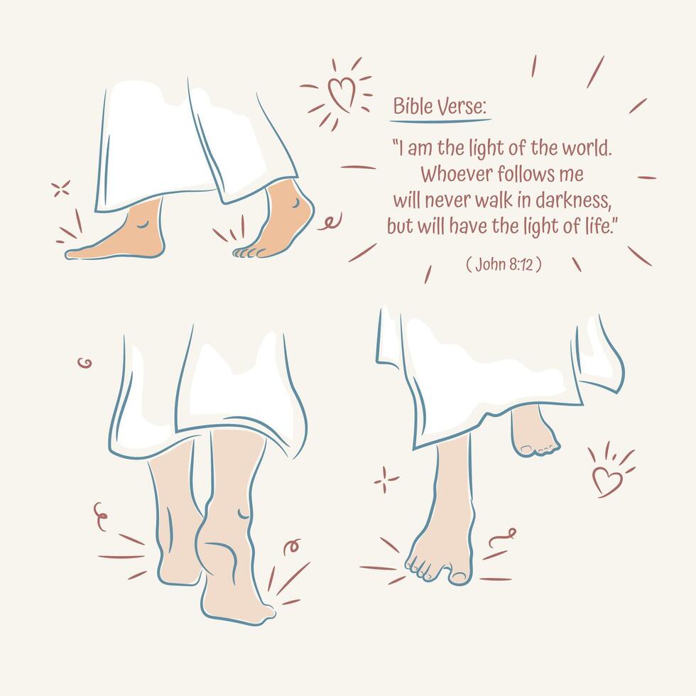 un conjunto de sencillo línea ilustraciones de Jesús pie caminando cerca arriba vector