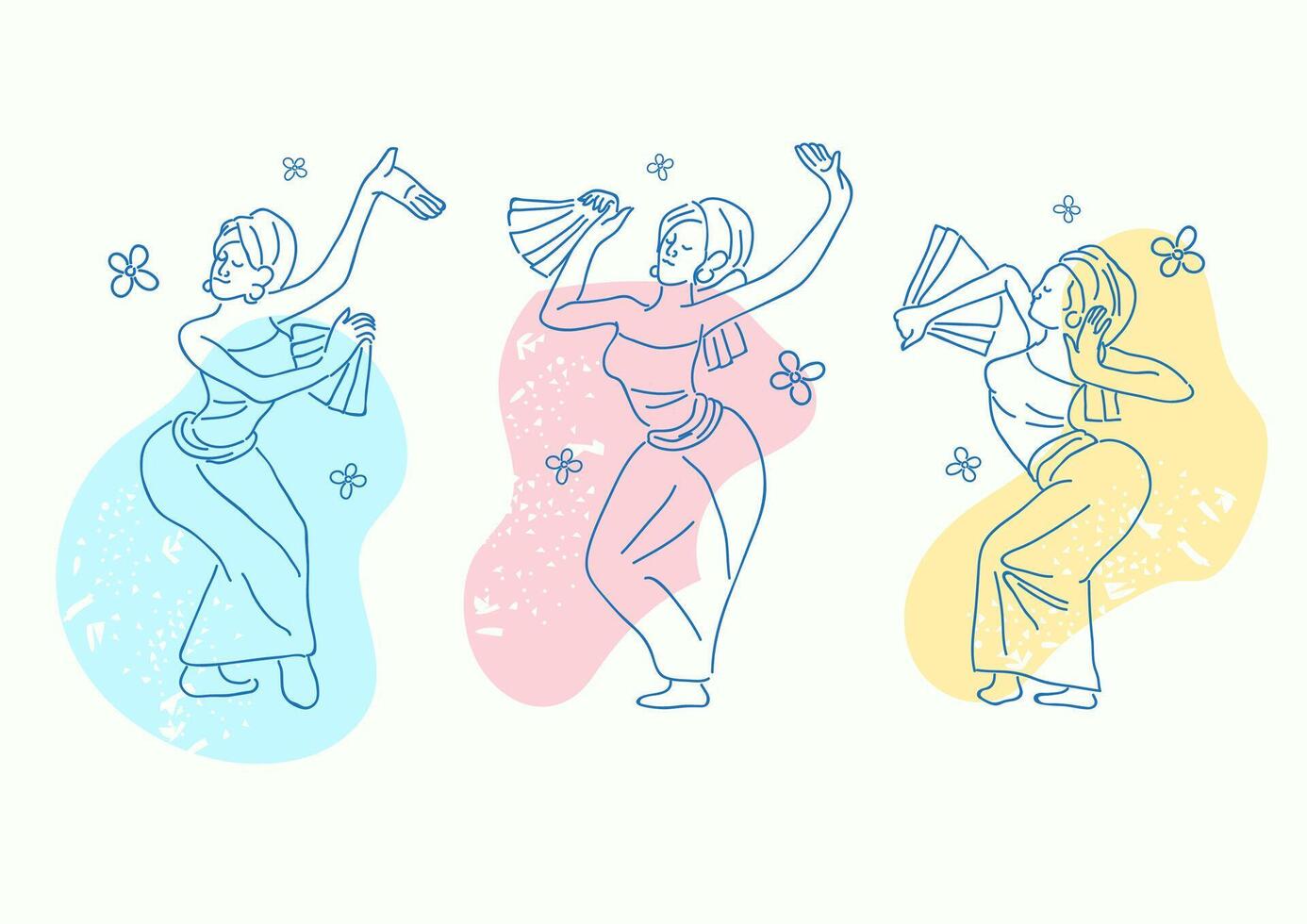 set of simple thin lines of woman Bali dancers vector