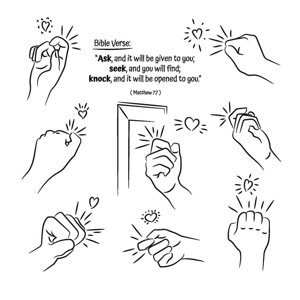 A set of simple line illustrations of a hand knocking on the door vector