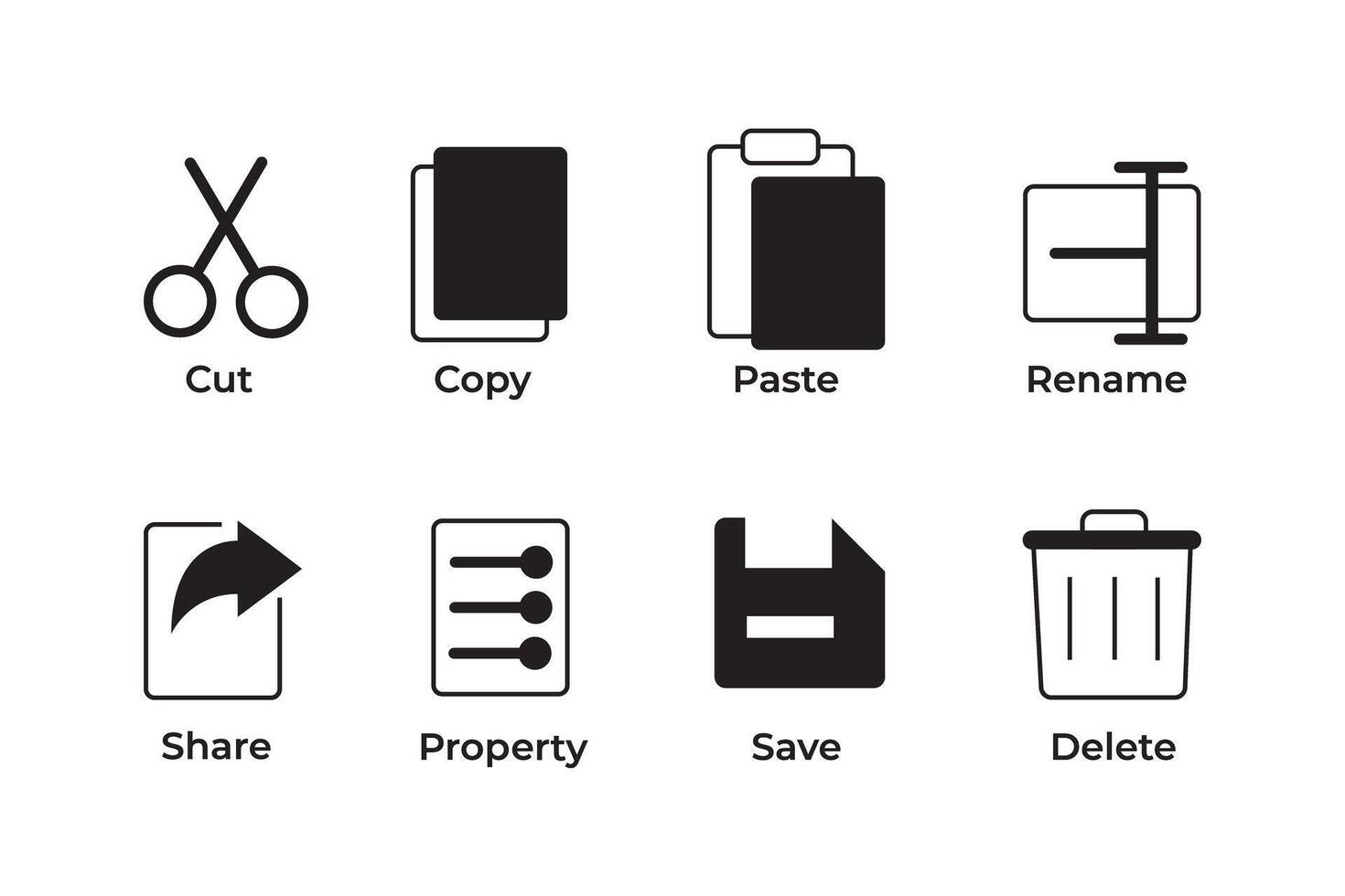 Cut, copy, paste, rename, share, save and delete icon symbol collection in line and glyph style vector